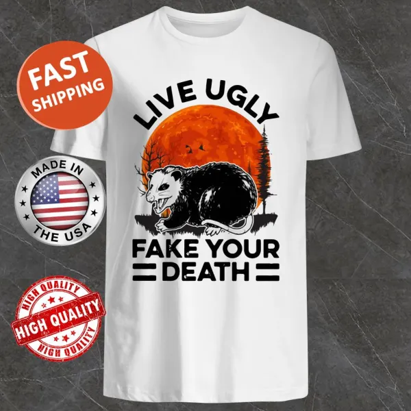 Shirt with quirky opossum illustration and humorous text