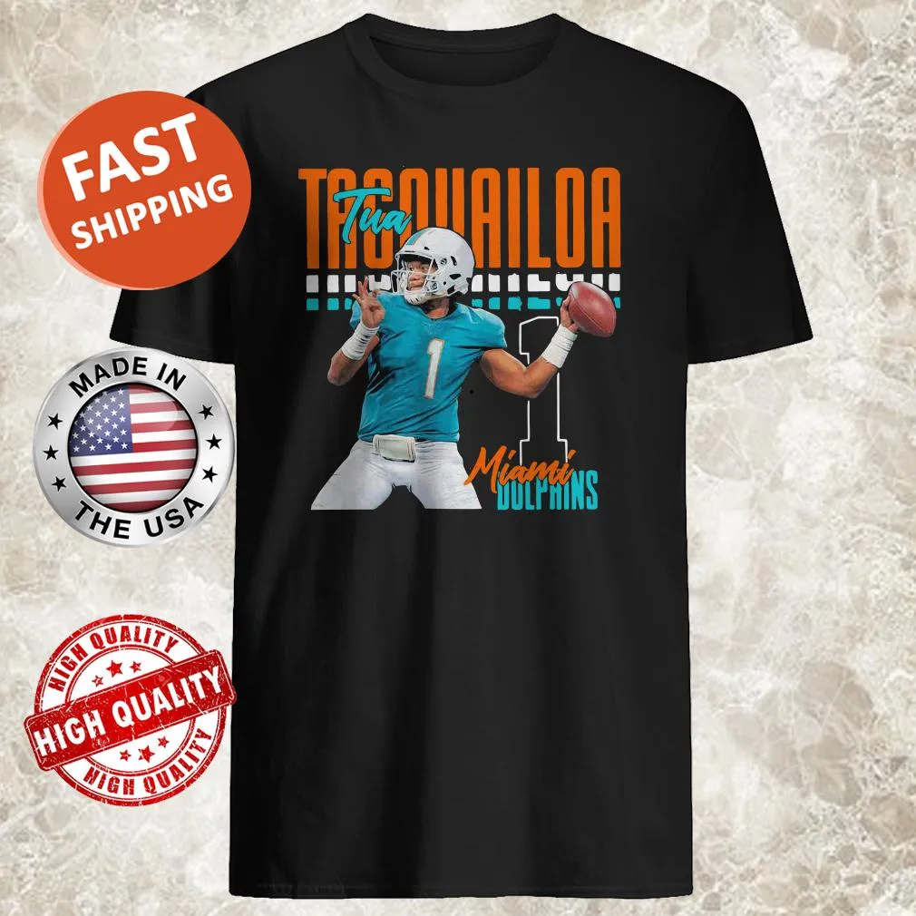 T-shirt featuring Tua Tagovailoa with the number 1 for Miami Dolphins