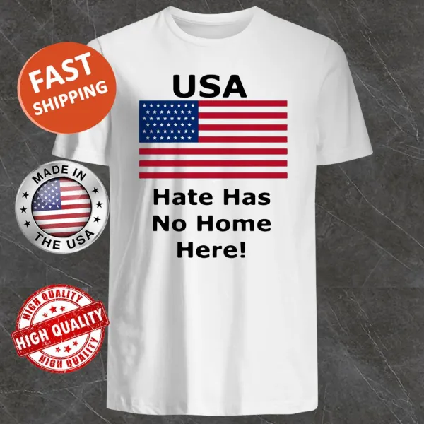 American flag graphic with the words Hate Has No Home Here