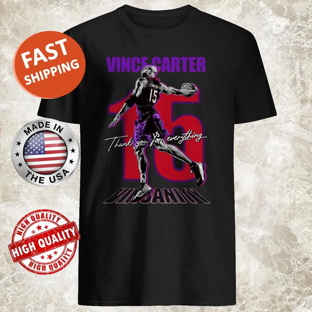Tribute shirt for Vince Carter with bold text thanking for his legacy