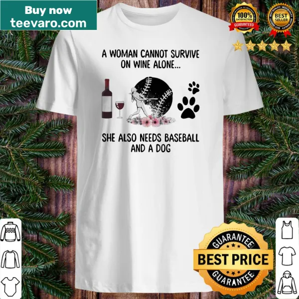 Shirt with whimsical design about wine, baseball, dogs, and flowers