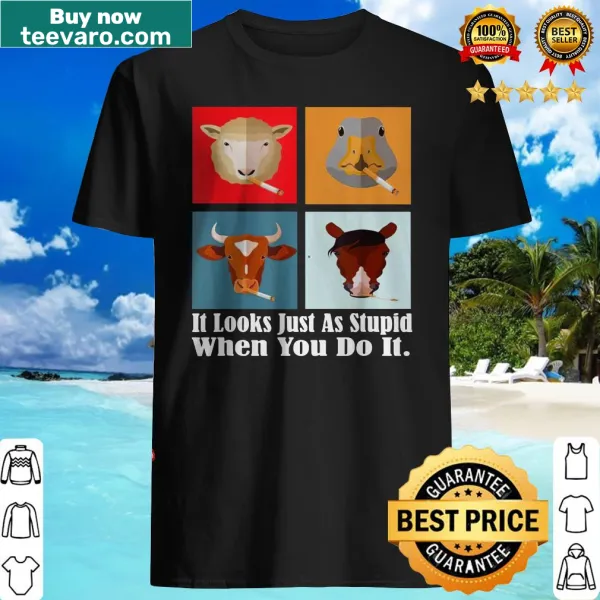 Cartoon animals with cigars and humorous slogan about stupidity