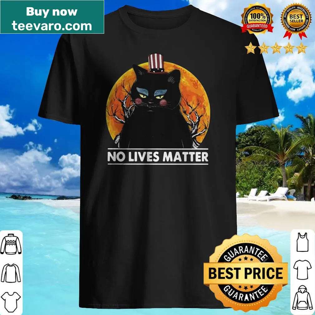 Shirt featuring a black cat and sunset with ironic text
