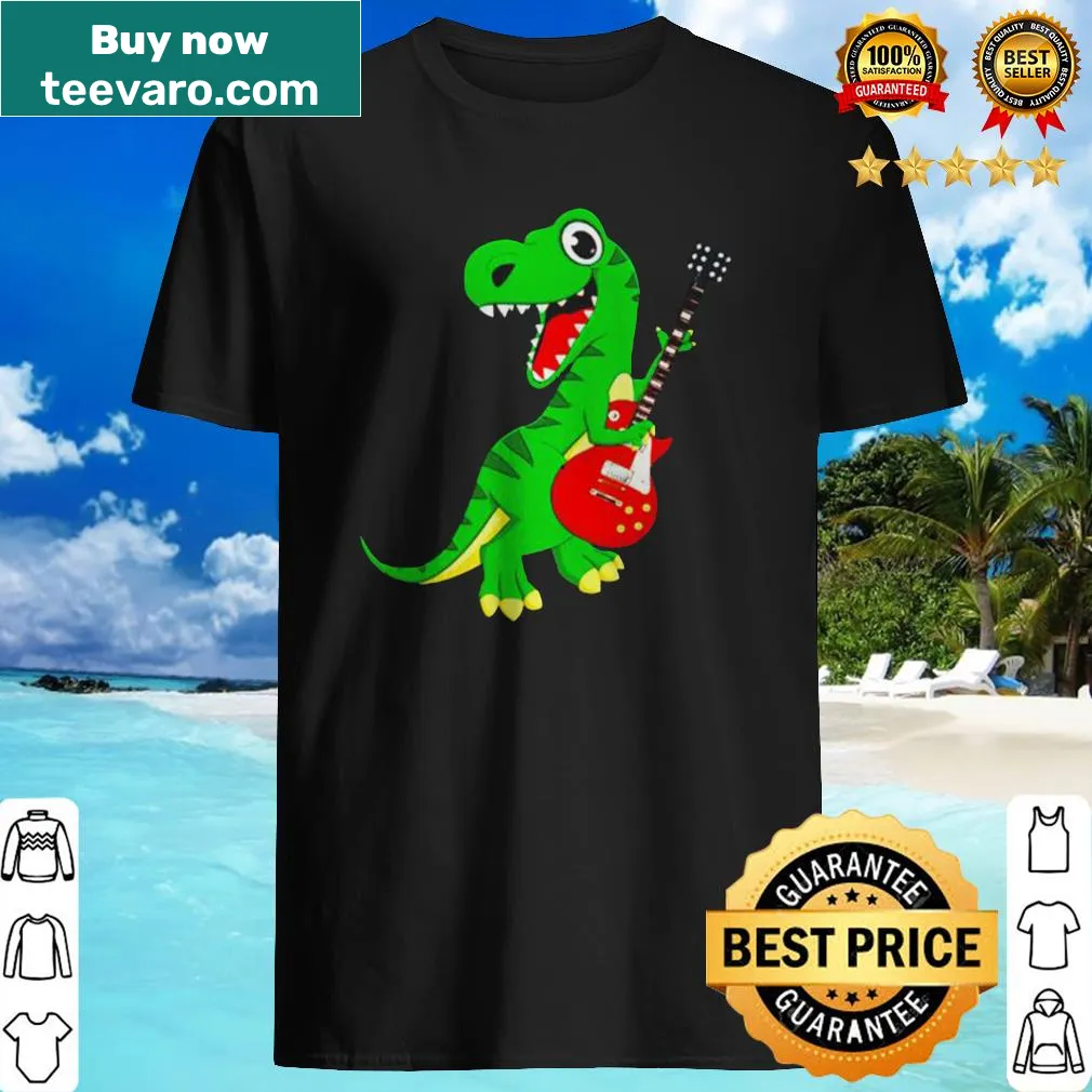Cartoon shirt with a dinosaur playing guitar