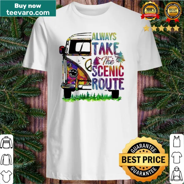 Typography shirt stating 'Drivers always take the scenic route'