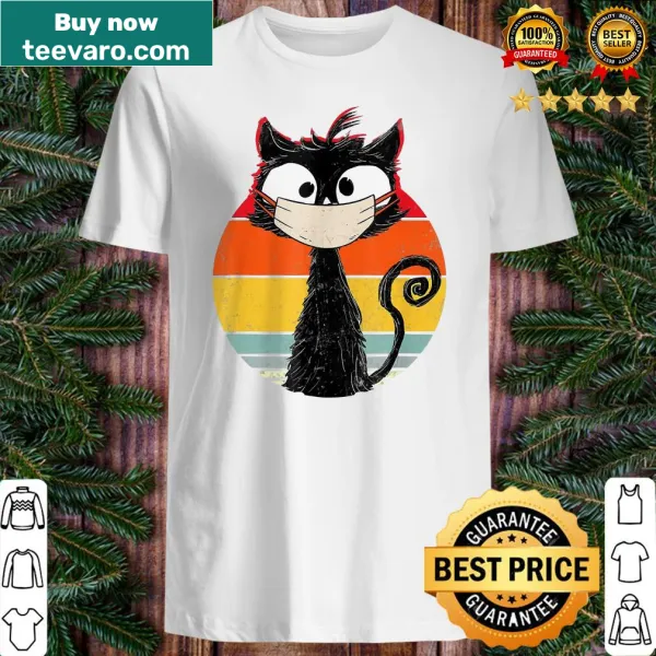 Vintage-style t-shirt featuring a black cat with a mask in a playful design