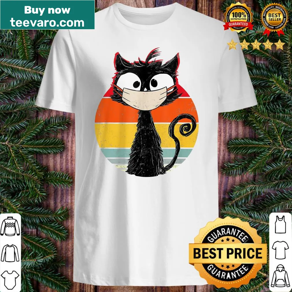 Vintage-style t-shirt featuring a black cat with a mask in a playful design