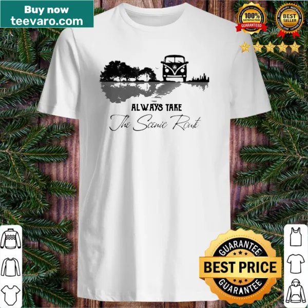 Adventurous shirt with a quote about taking the scenic route and playing guitar.