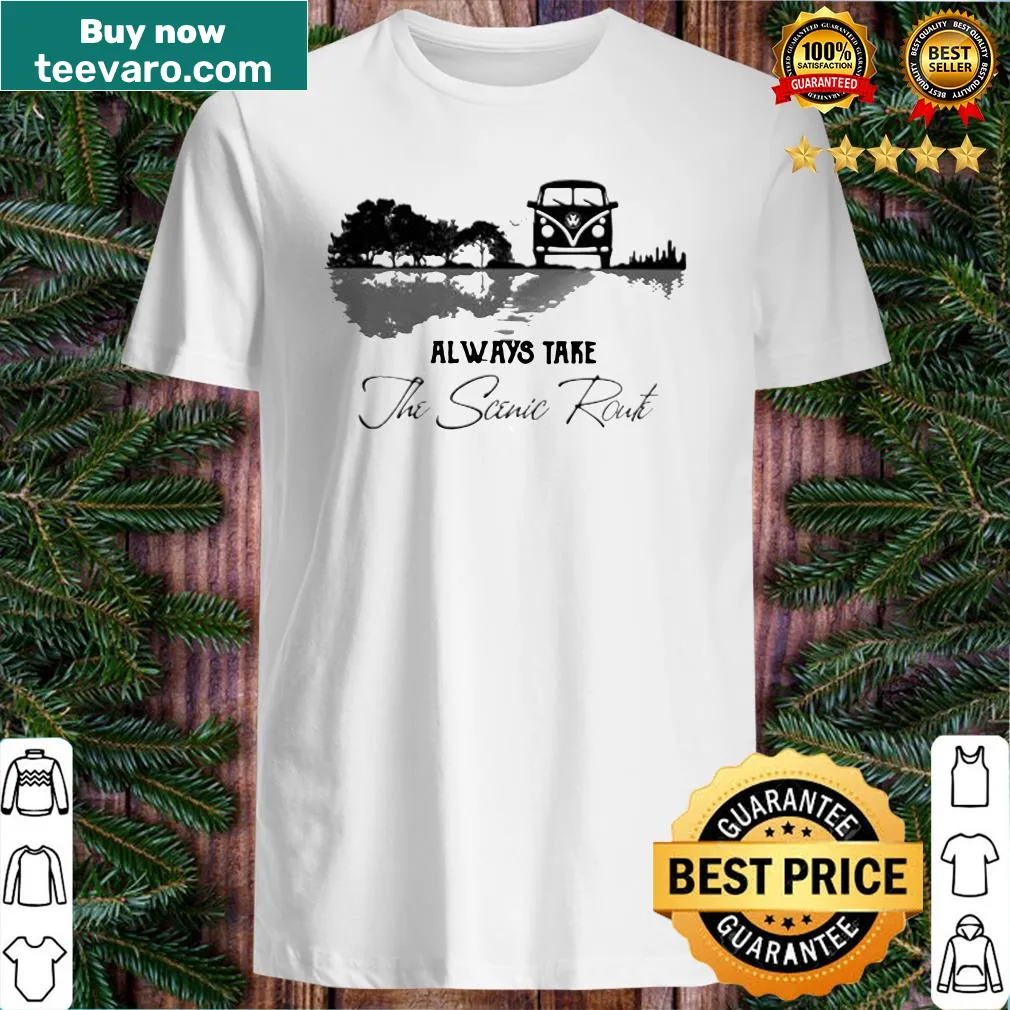 Adventurous shirt with a quote about taking the scenic route and playing guitar.