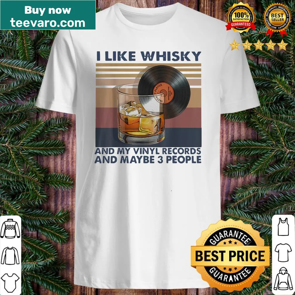 T-shirt with text about whisky, vinyl records, and friends