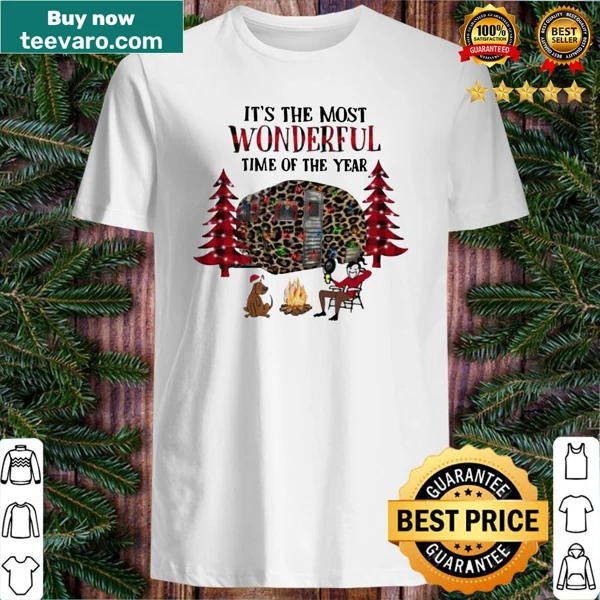 Festive Christmas camping shirt featuring dogs and cheerful holiday graphics.