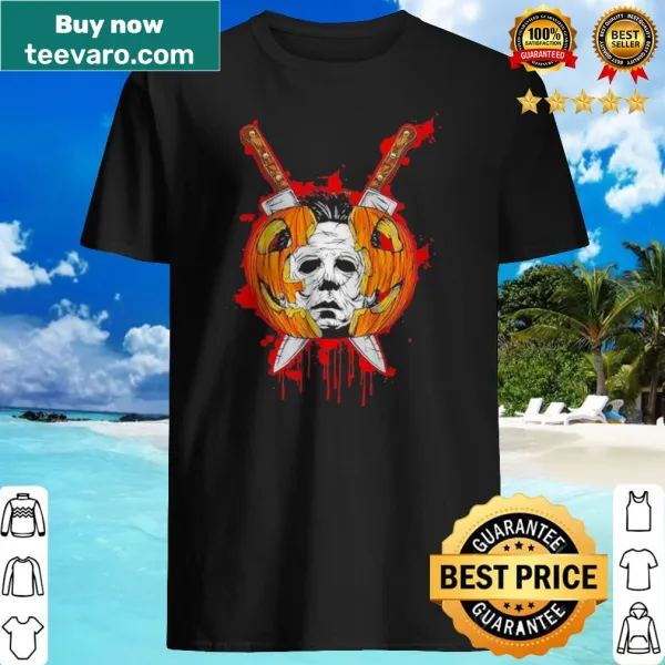 Halloween shirt featuring Michael Myers pumpkin and knife illustration