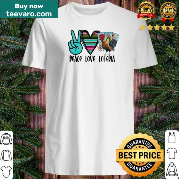 Illustrative shirt featuring peace, love, and chicken design