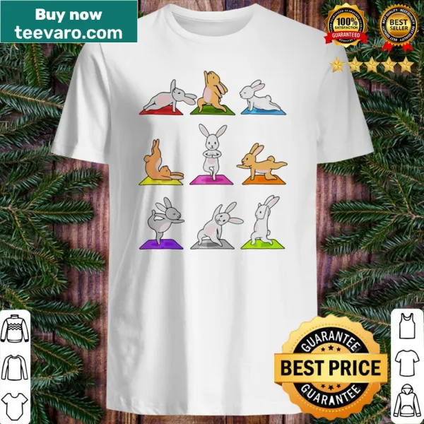 Whimsical shirt featuring a rabbit combined with a yoga theme.