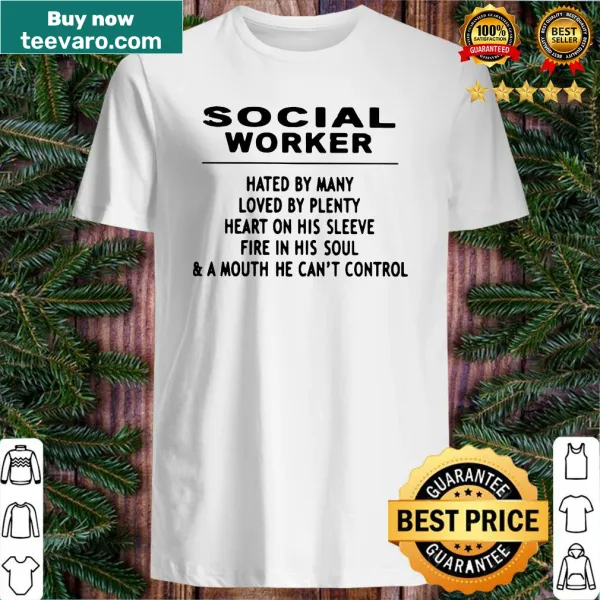 Social worker-themed shirt with bold phrases and graphics