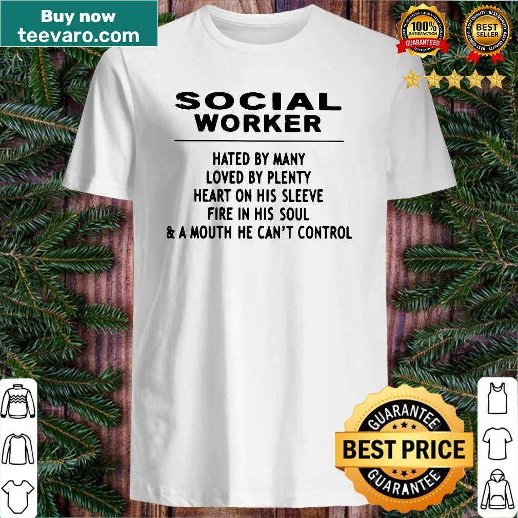 Social worker-themed shirt with bold phrases and graphics