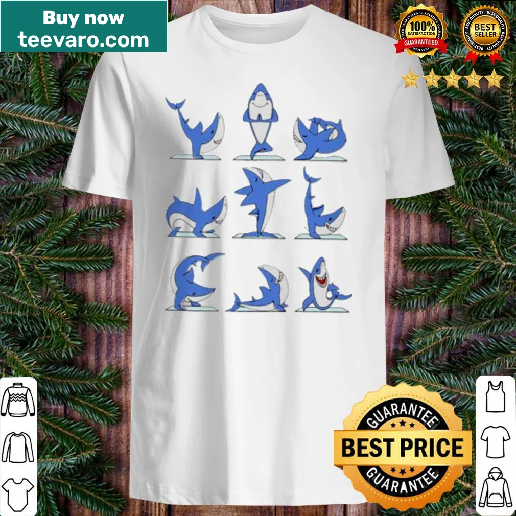 Playful shirt with an illustration of a shark practicing yoga