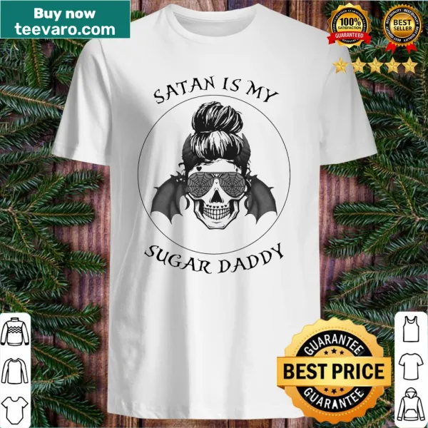 Graphic shirt with skull wearing sunglasses and text about Satan
