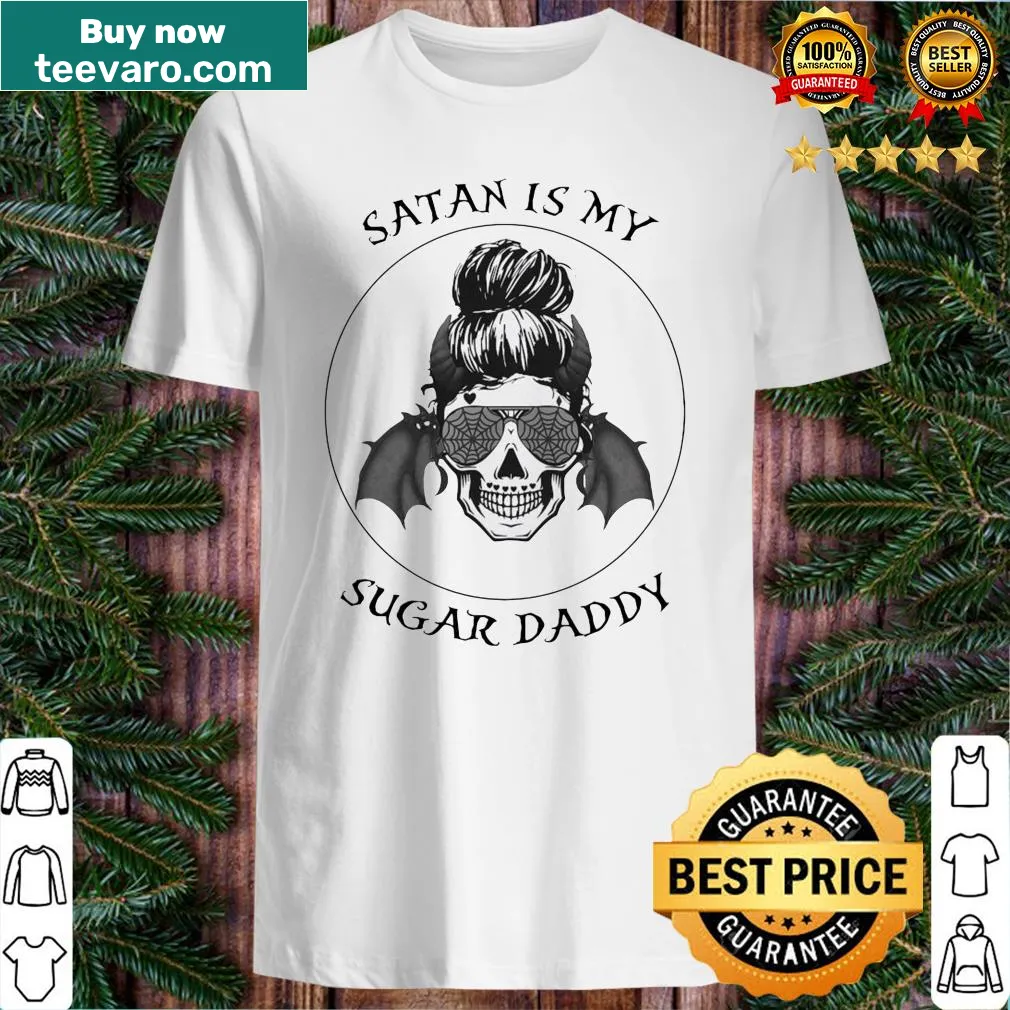 Graphic shirt with skull wearing sunglasses and text about Satan