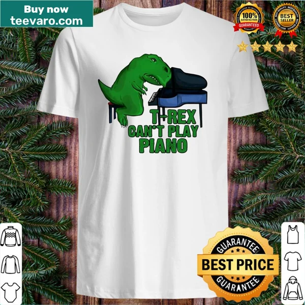 Cartoon T-Rex trying to play piano with tiny arms