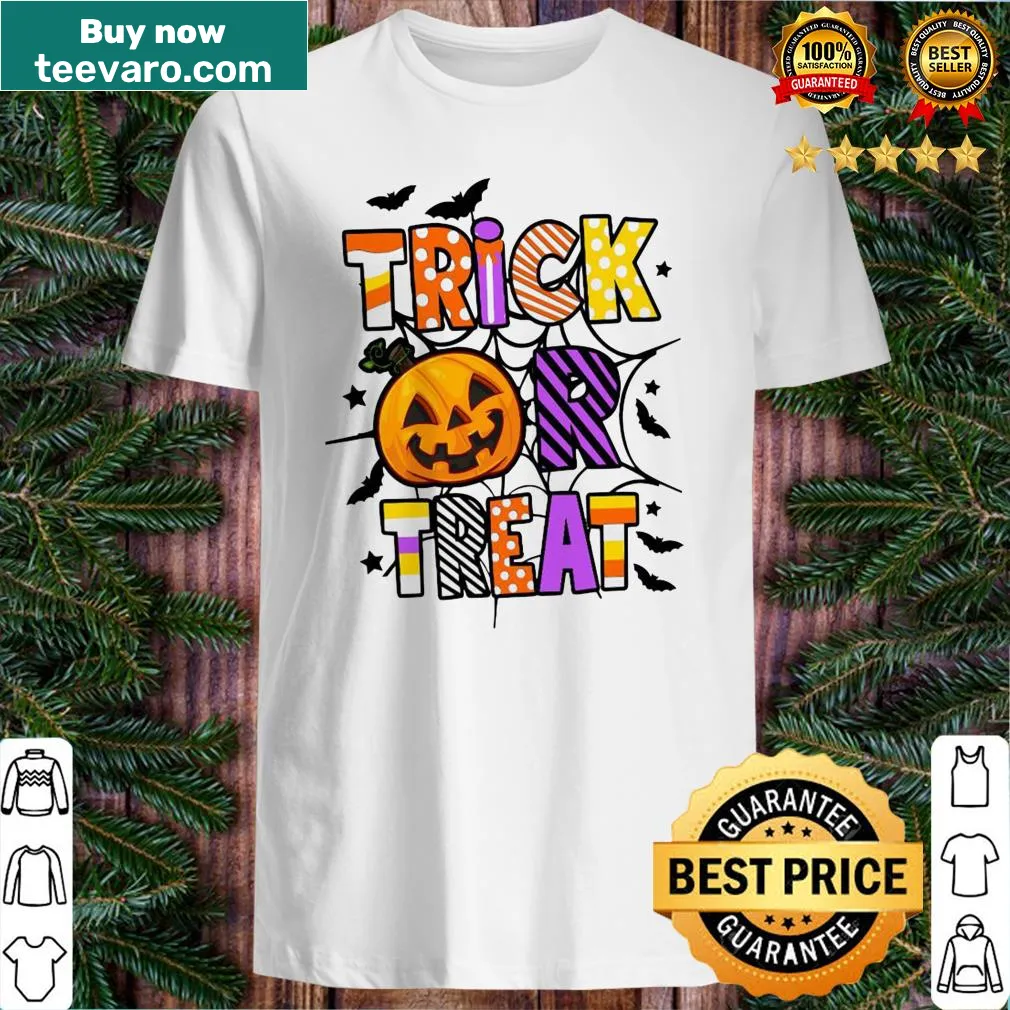 Halloween shirt with 'Trick or Treat' text and playful illustration