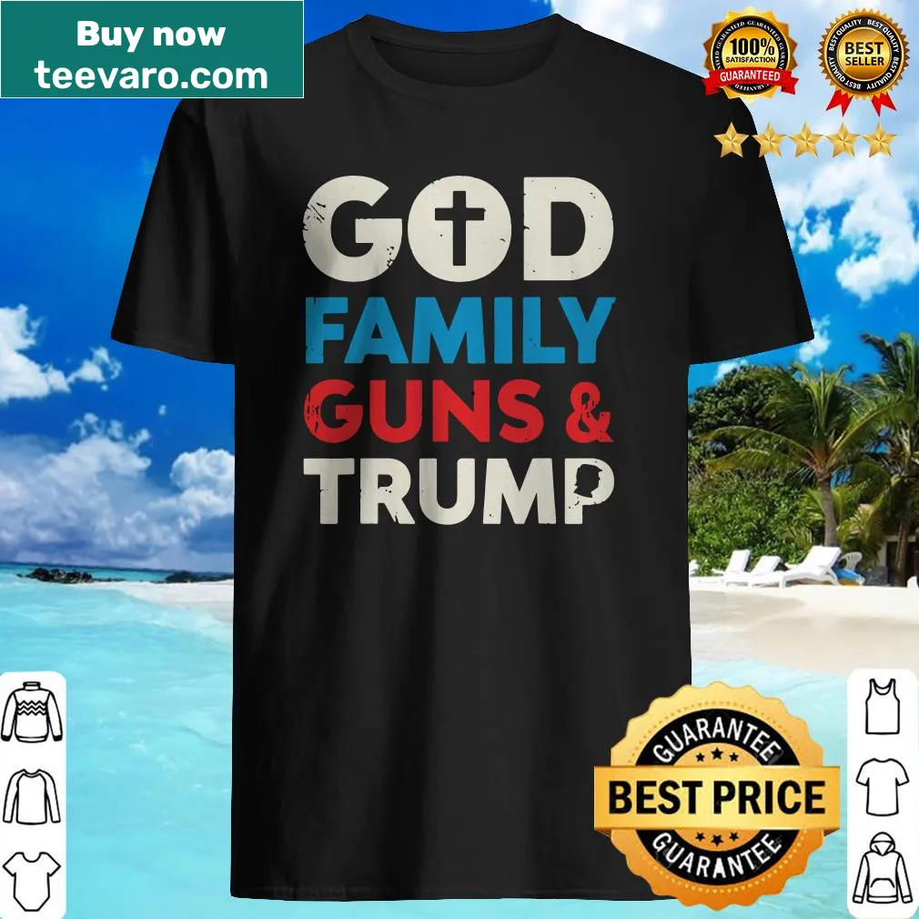 Patriotic graphic tee with text about God, Family, and Guns