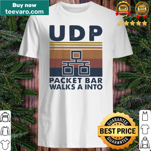 Retro tee with humorous UDP packet graphic and text