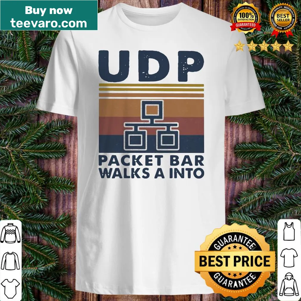 Retro tee with humorous UDP packet graphic and text