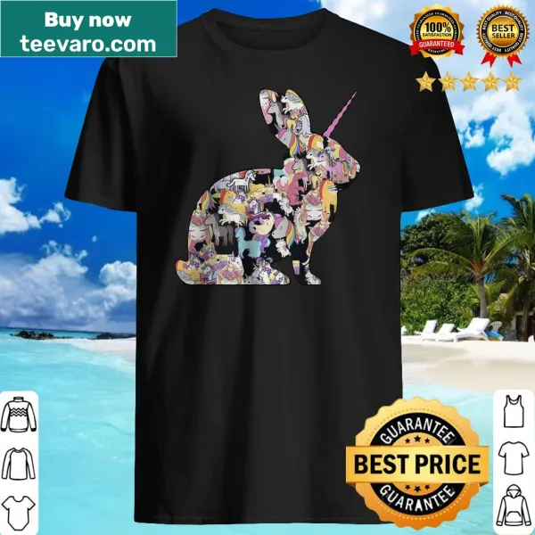 Cartoon graphic of a unicorn bunny combination, playful and whimsical
