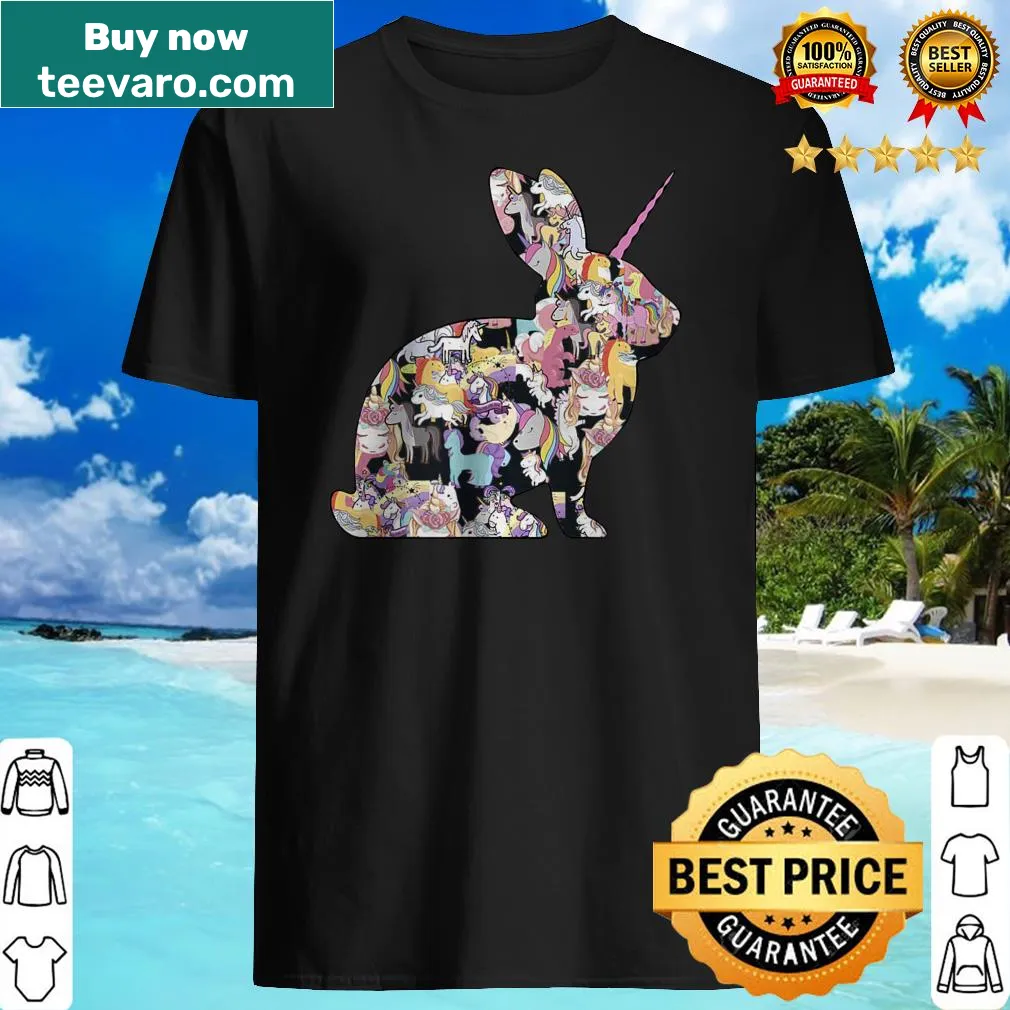 Cartoon graphic of a unicorn bunny combination, playful and whimsical