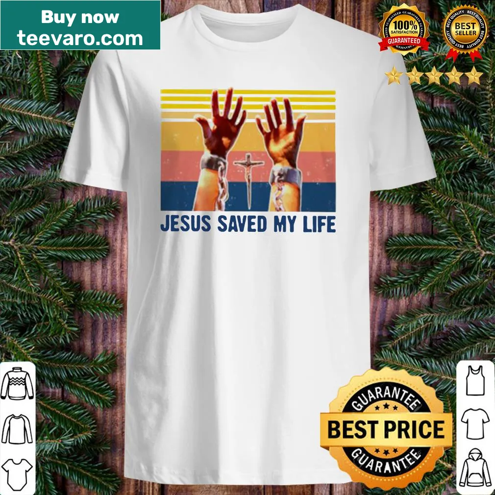 Vintage-inspired shirt with the phrase Jesus saved my life in distressed text