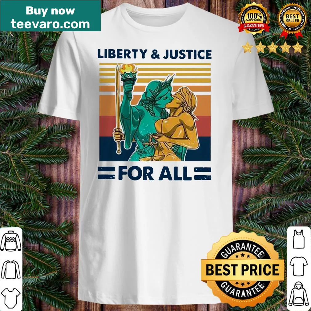 Vintage-style LGBT Pride shirt featuring liberty and justice theme
