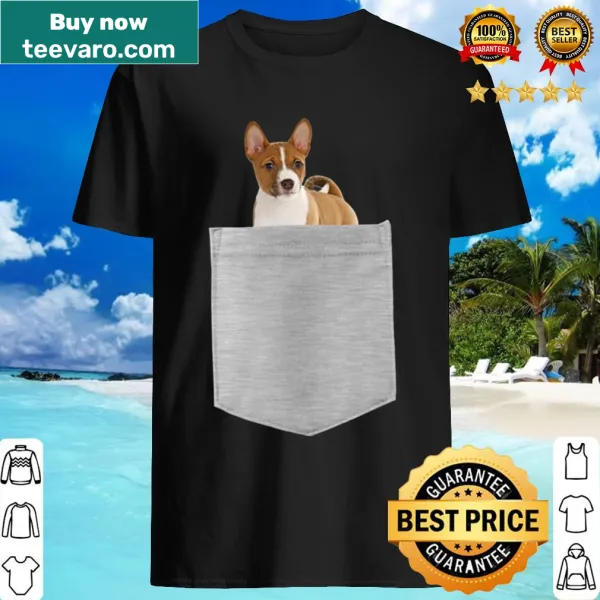 Cartoon Basenji dog peeking out of a pocket on shirt