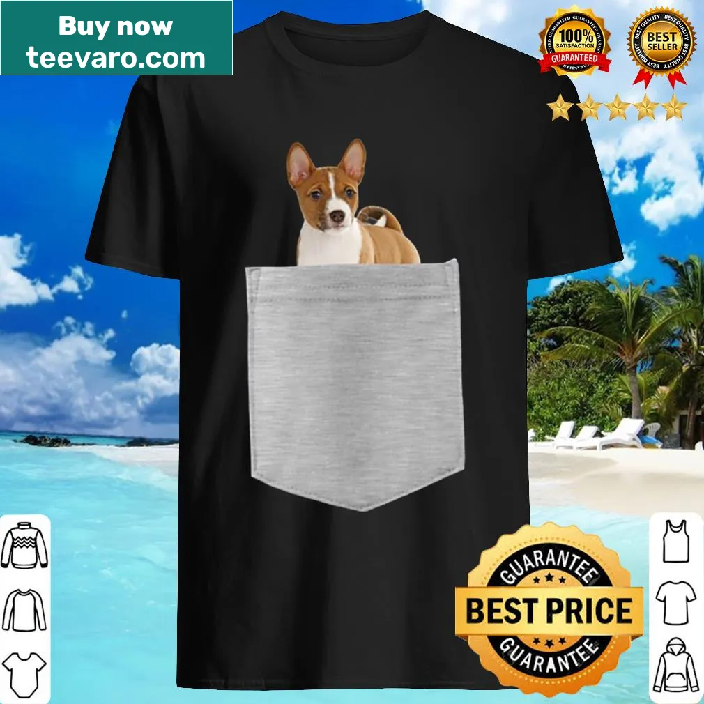 Cartoon Basenji dog peeking out of a pocket on shirt