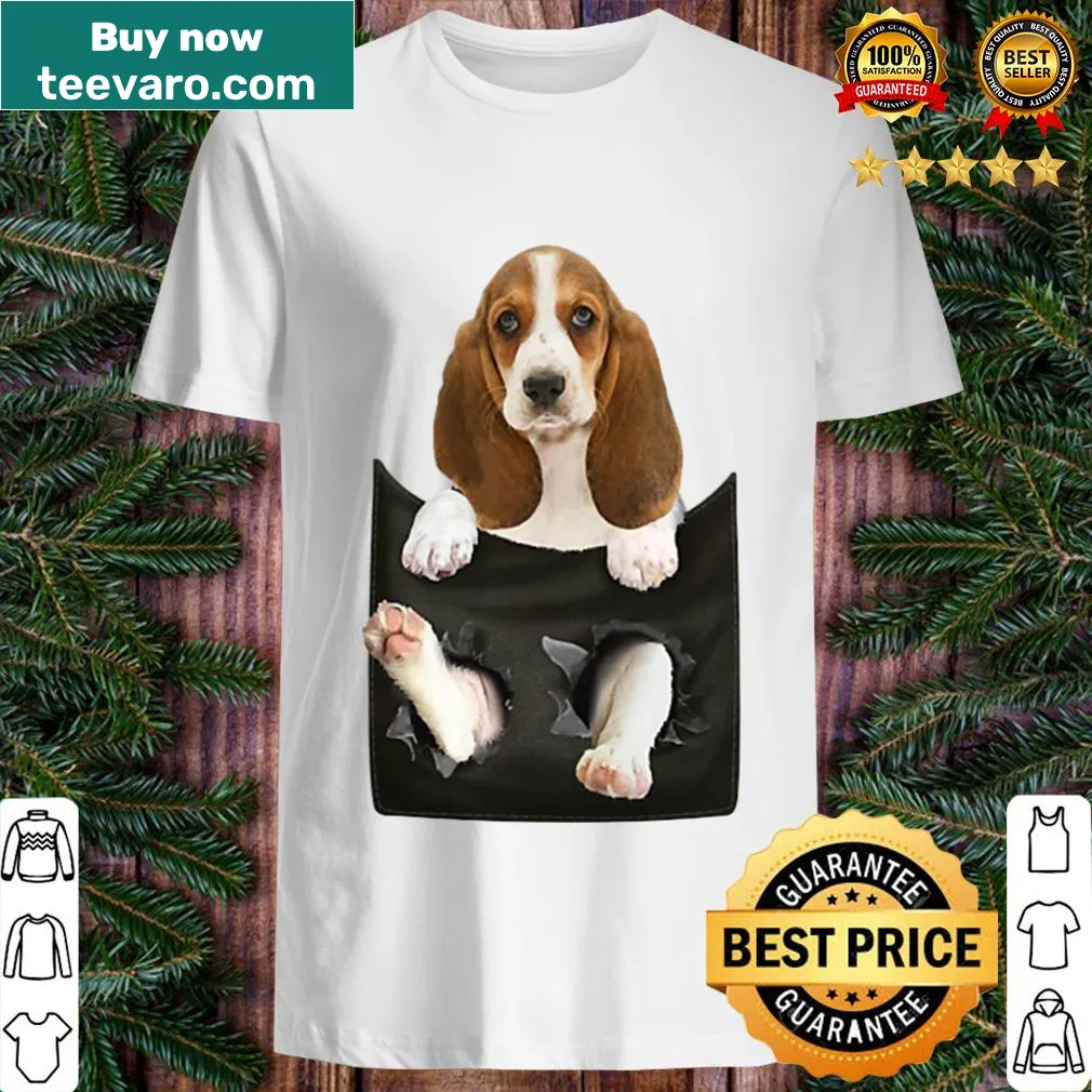 Cute T-shirt with a Basset Hound in a pocket illustration