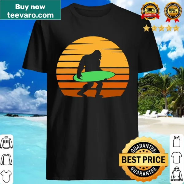 Retro Bigfoot surfing shirt featuring an illustration of Bigfoot on a surfboard