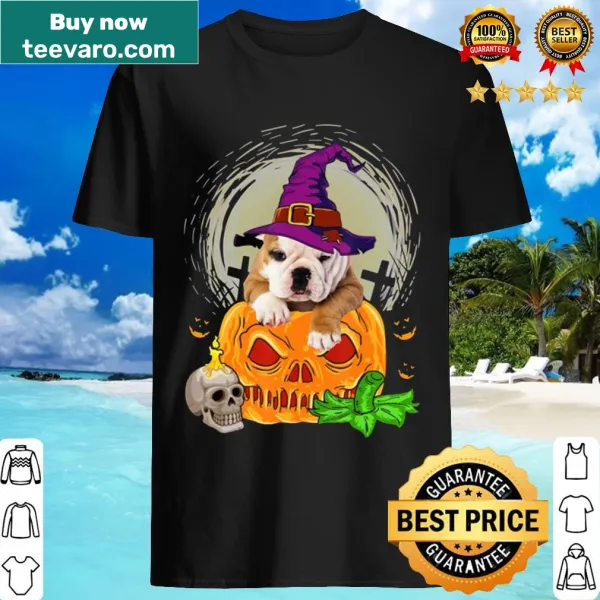 Cute Halloween shirt with an English Bulldog witch and pumpkin.
