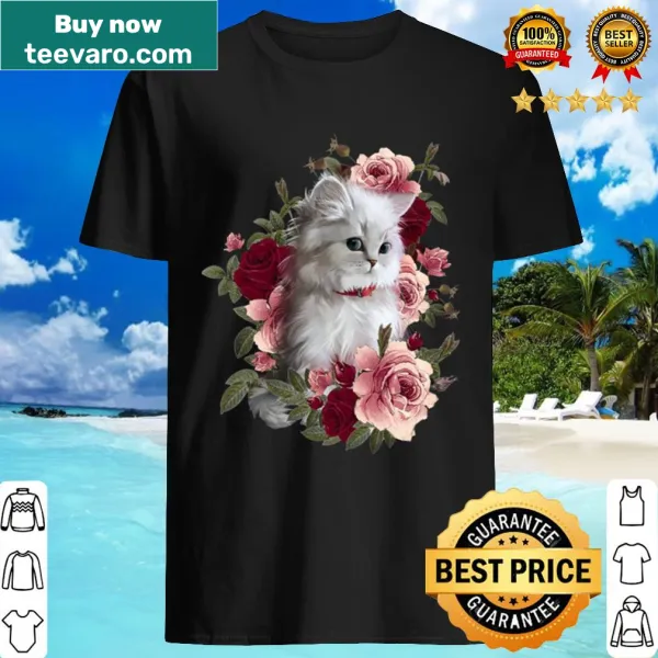 Illustration of a cute white cat surrounded by rose flowers