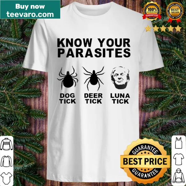 Illustration of a dog and deer promoting parasite awareness on a shirt.