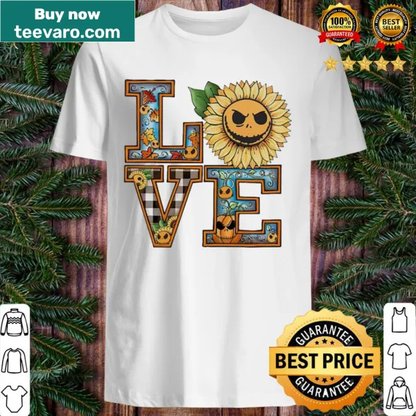 Illustrated shirt featuring Jack Skellington, sunflowers, and pumpkins