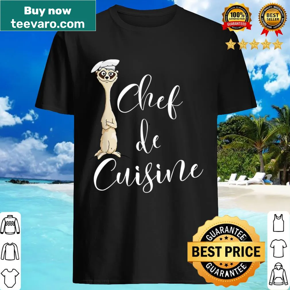 Whimsical meerkat chef illustration on a cooking-themed shirt