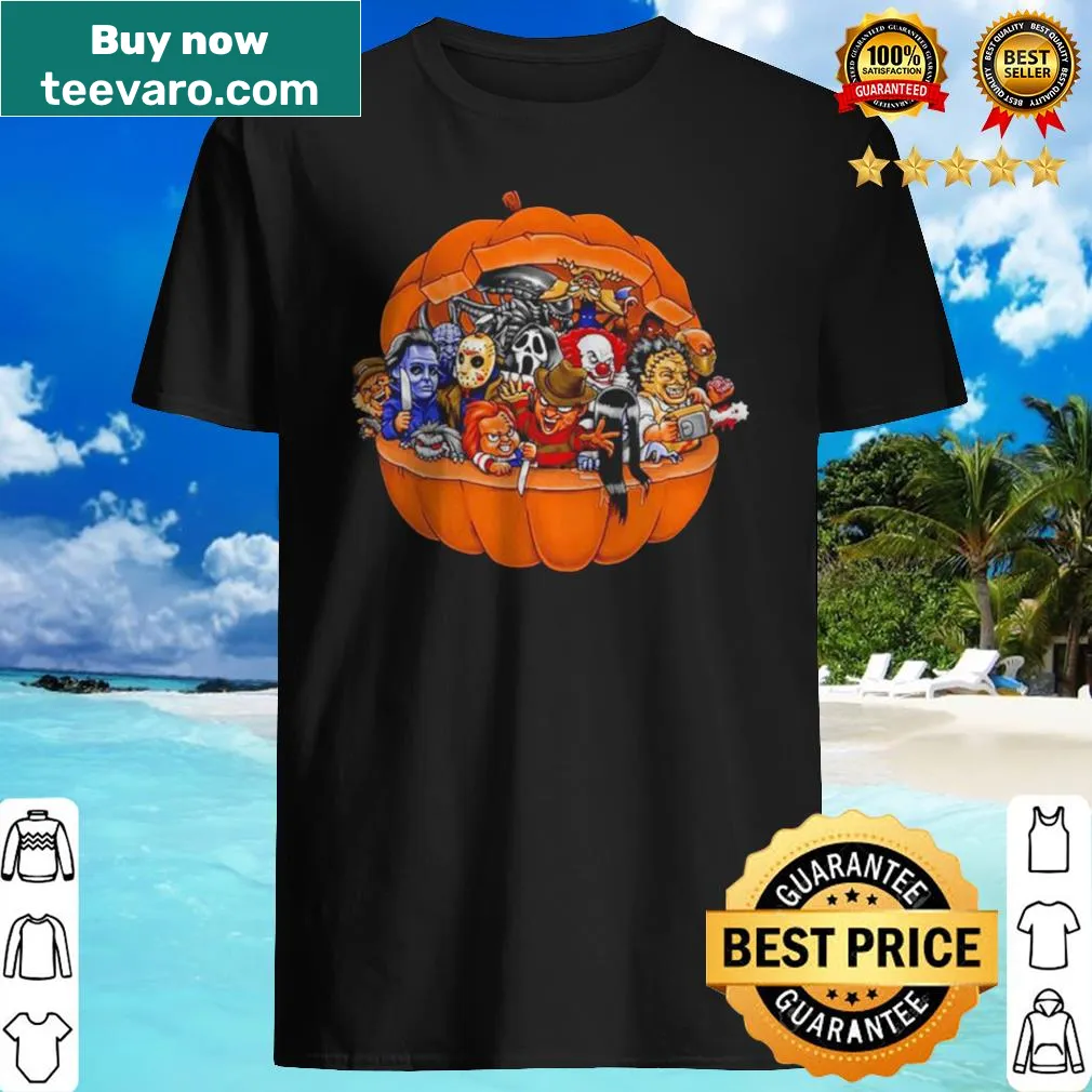 Chibi horror movie characters illustrated on shirt for Halloween