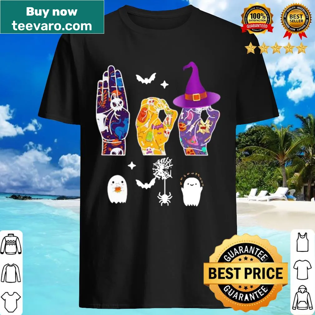 Halloween-themed shirt with a witch using sign language