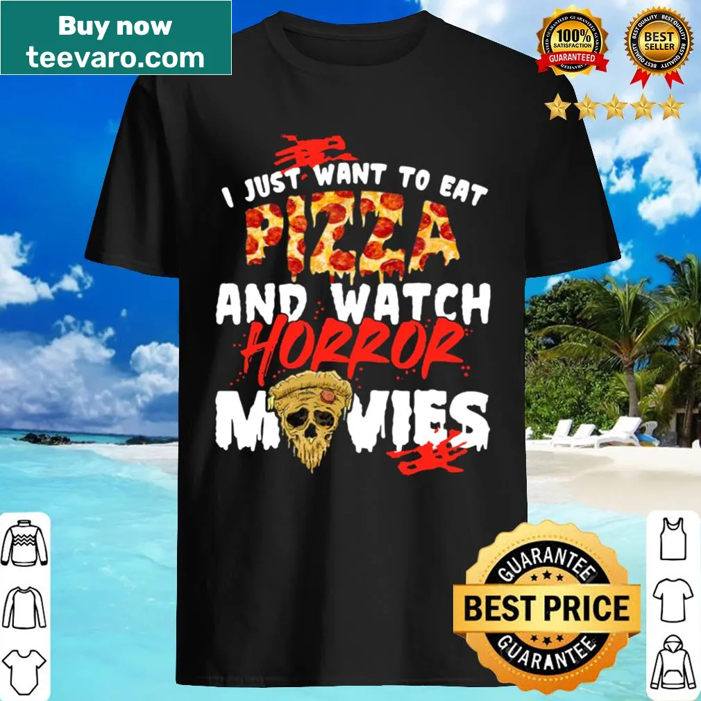 Fun Halloween shirt featuring pizza and horror movie theme.