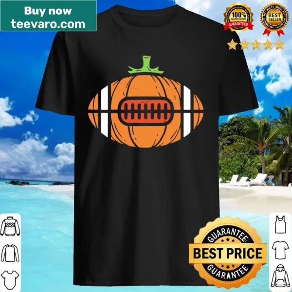 Halloween-themed shirt with a pumpkin in football gear for kids.