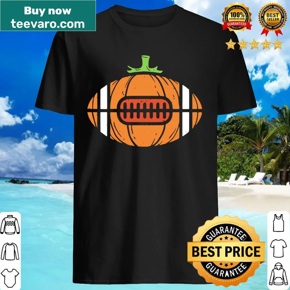 Halloween-themed shirt with a pumpkin in football gear for kids.