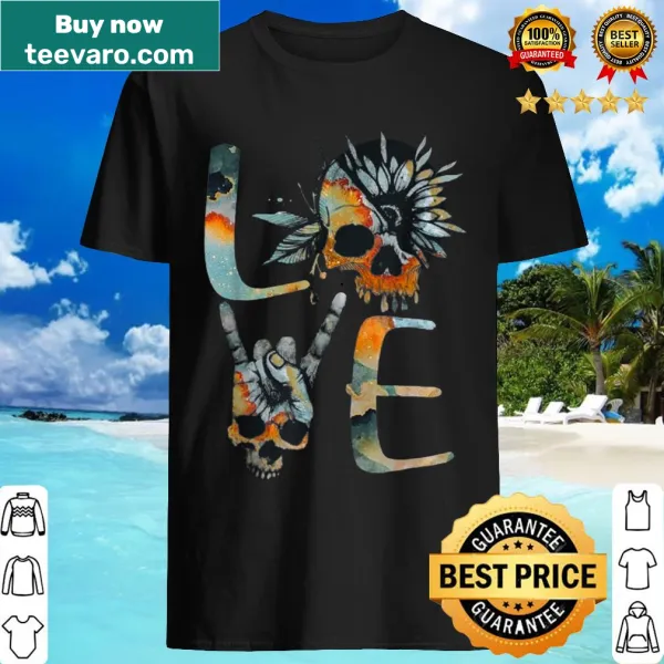 Whimsical shirt featuring a love skull design with sunflowers and galaxy map