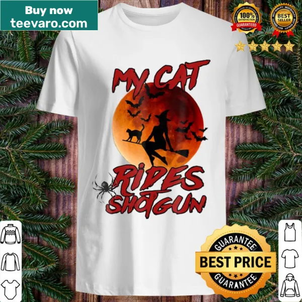 Halloween shirt featuring a cat in a witch costume with a playful design.