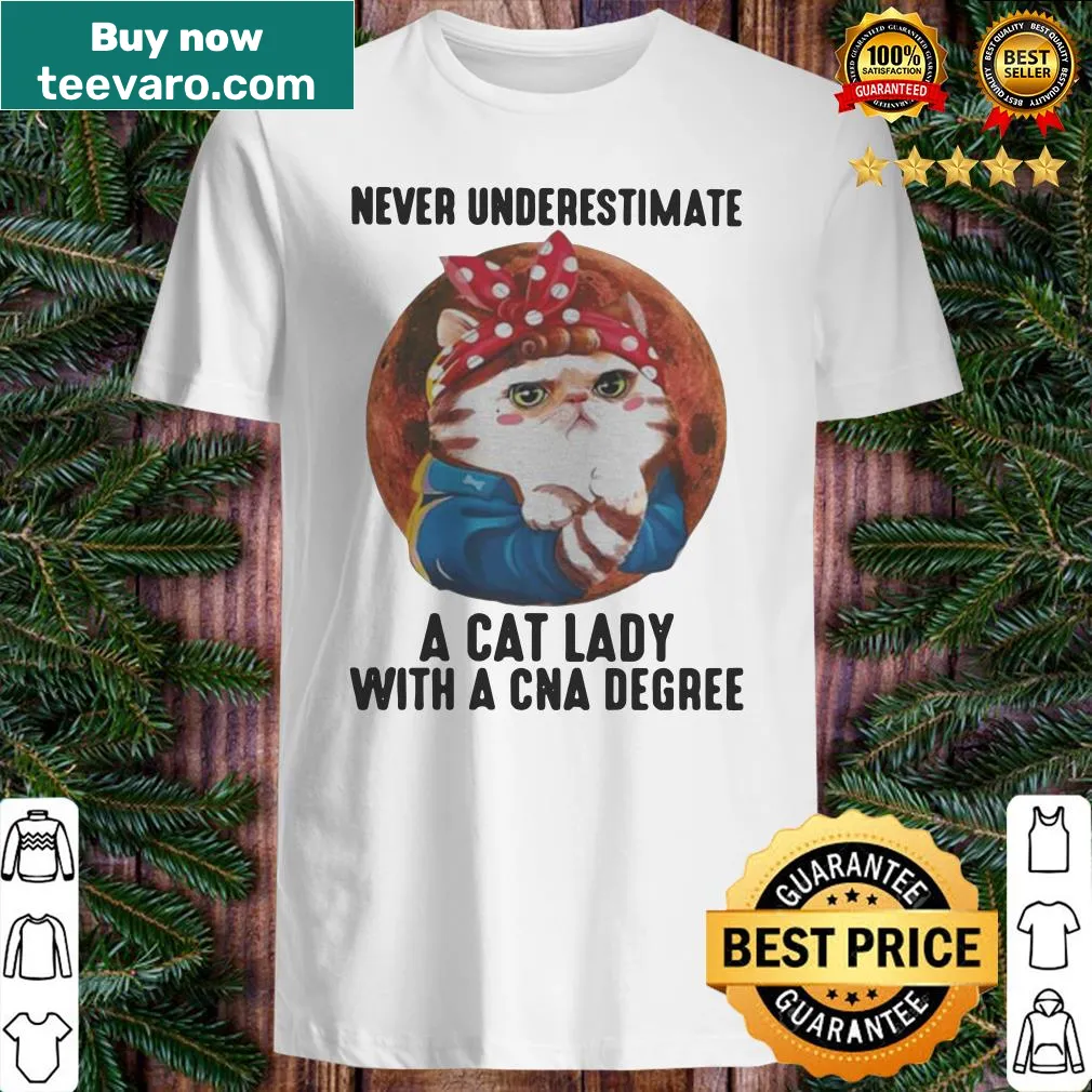 Clever cat lady CNA shirt with moon graphic and humorous text.