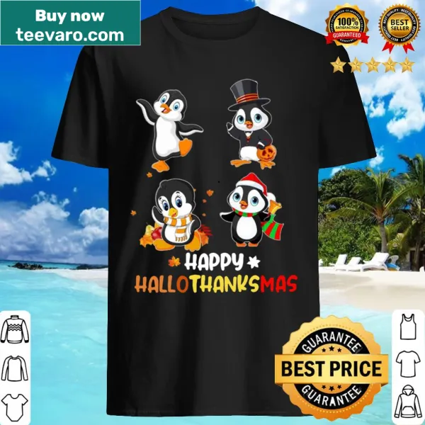 Delightful penguin illustration for Hallothanksmas shirt.